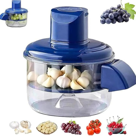 Blue kitchen chopper with garlic and grapes on a white background