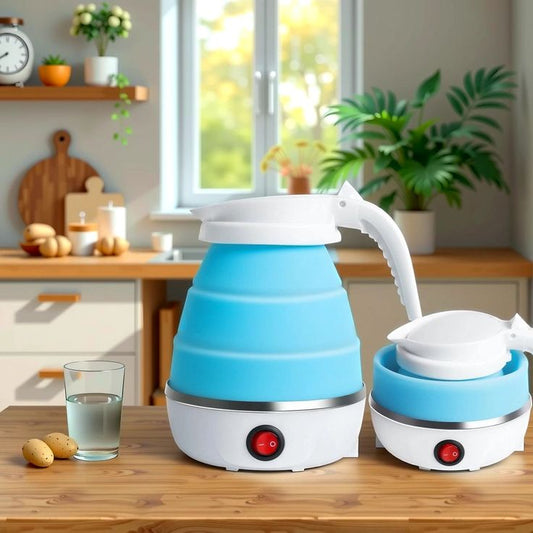 Collapsible electric kettle on a kitchen counter with a glass of water and potatoes.