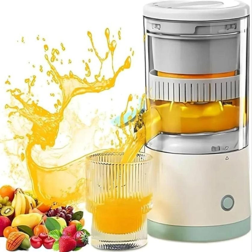 Juicer with orange juice and fruits on a white background