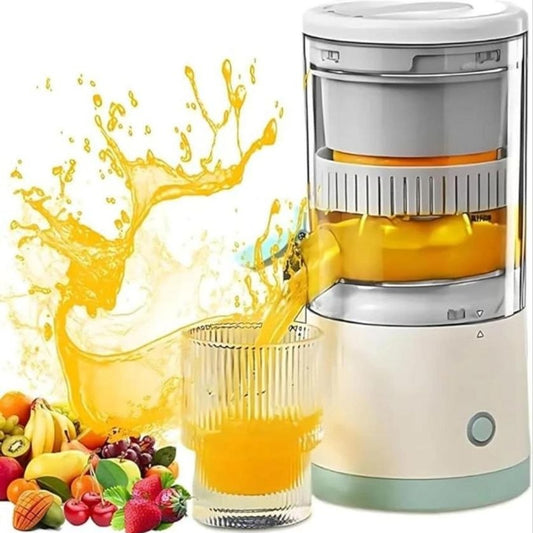 Juicer with orange juice and fruits on a white background