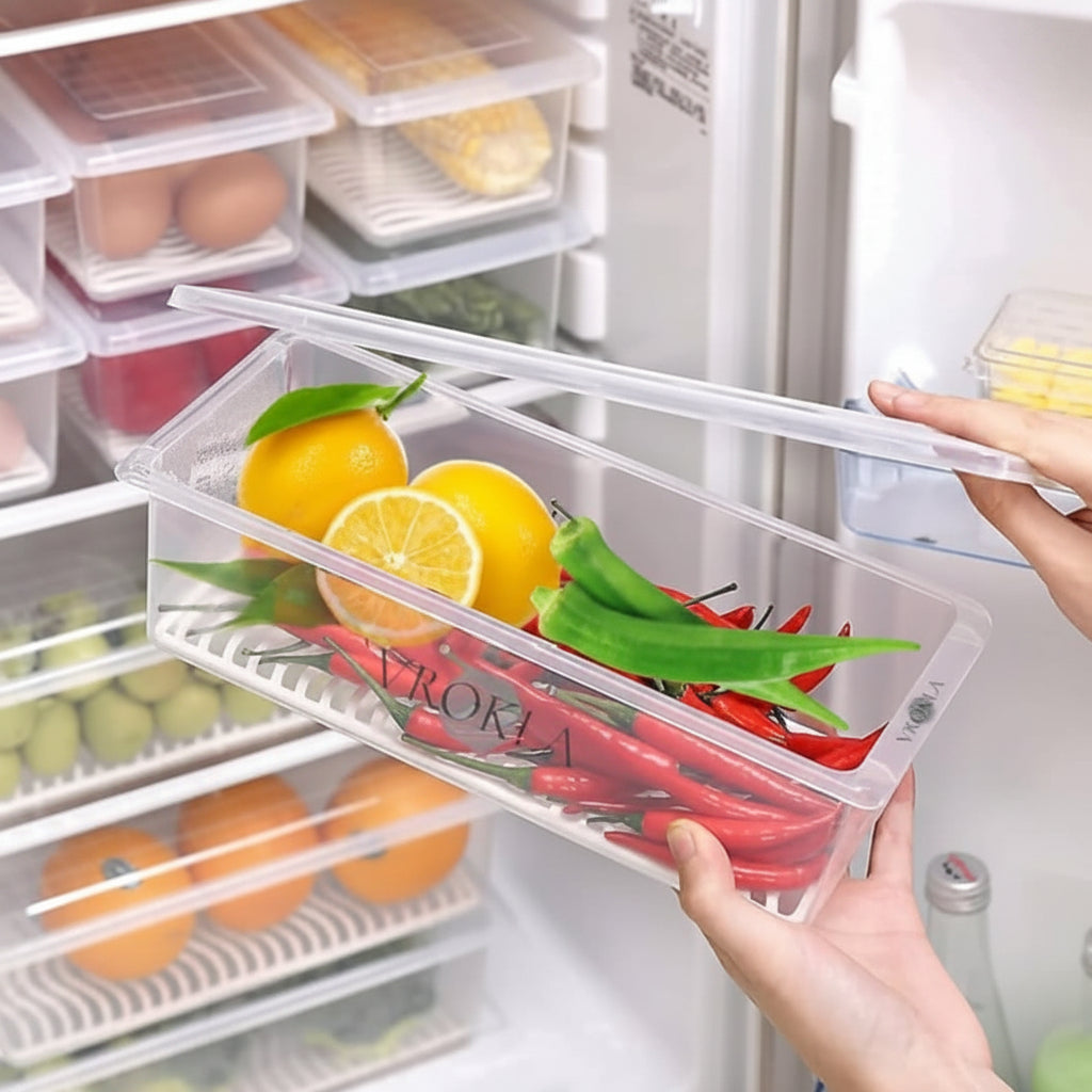 Open refrigerator with a hand reaching for a container of food.