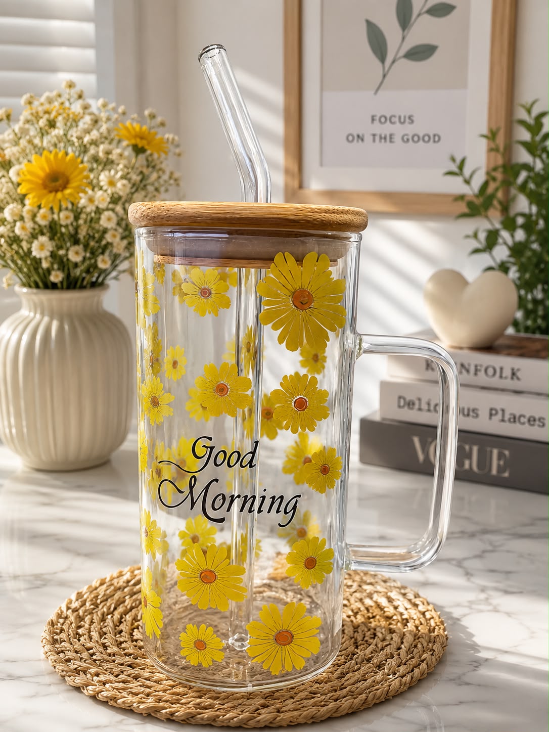 Floral Glass Tumbler with Bamboo Lid & Glass Straw